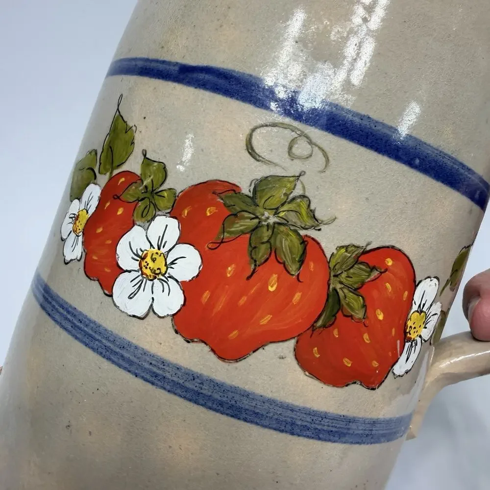Vtg Stoneware Crock Pottery Pitcher Cobalt Blue Stripe Handpainted Strawberries